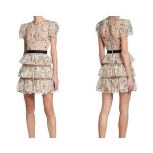 SELF-PORTRAIT Star Mesh Tiered Embroidered Tulle Mini Dress US 2